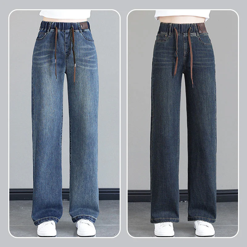 🔥 51% DE RÉDUCTION ! ✨ Jean Femme Taille Haute Coupe Droite - Ceinture à Cordon Réglable, Version Molletonnée ou Cheville, Tissu Élastique Confortable 👖✨ - Image 4