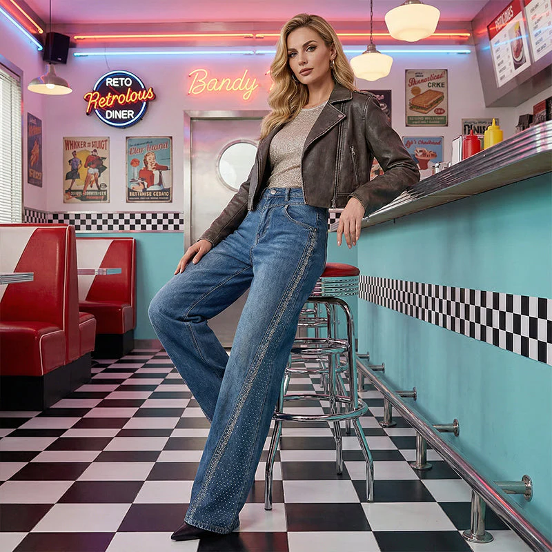 🎉50% DE RÉDUCTION✨Jean Large à Jambes Larges pour Femme avec Strass👖Élégance, Confort & Silhouette Allongée🔥 - Image 5