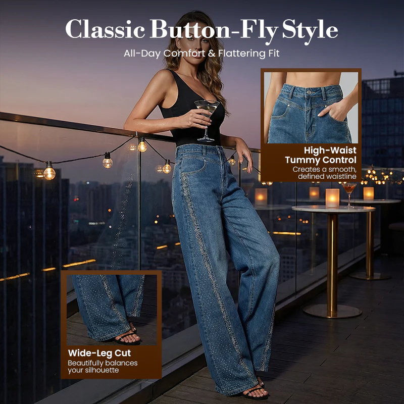 đ60% DE RĂDUCTION ! âš Jean Large Ă Jambes Larges pour Femme avec Strass â ĂlĂ©gance, Confort & Silhouette AllongĂ©e ! đđ„ - Image 4