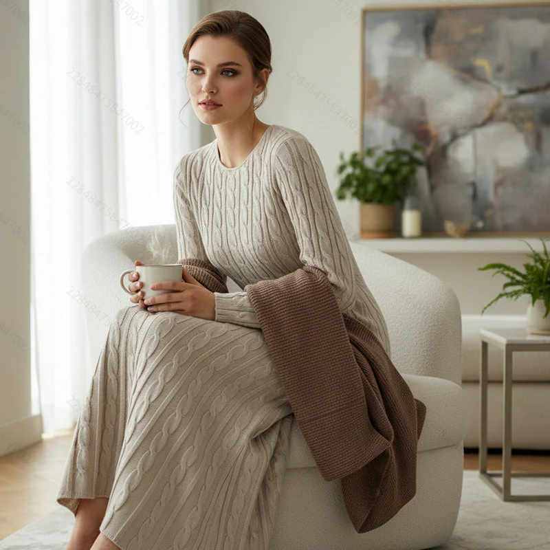 📢📢60 % de réduction ! ✨ Pièce Parfaite pour l‘Hiver : Robe Pull Midi - Confort Cable-Knit pour Tous les Jours - Image 6