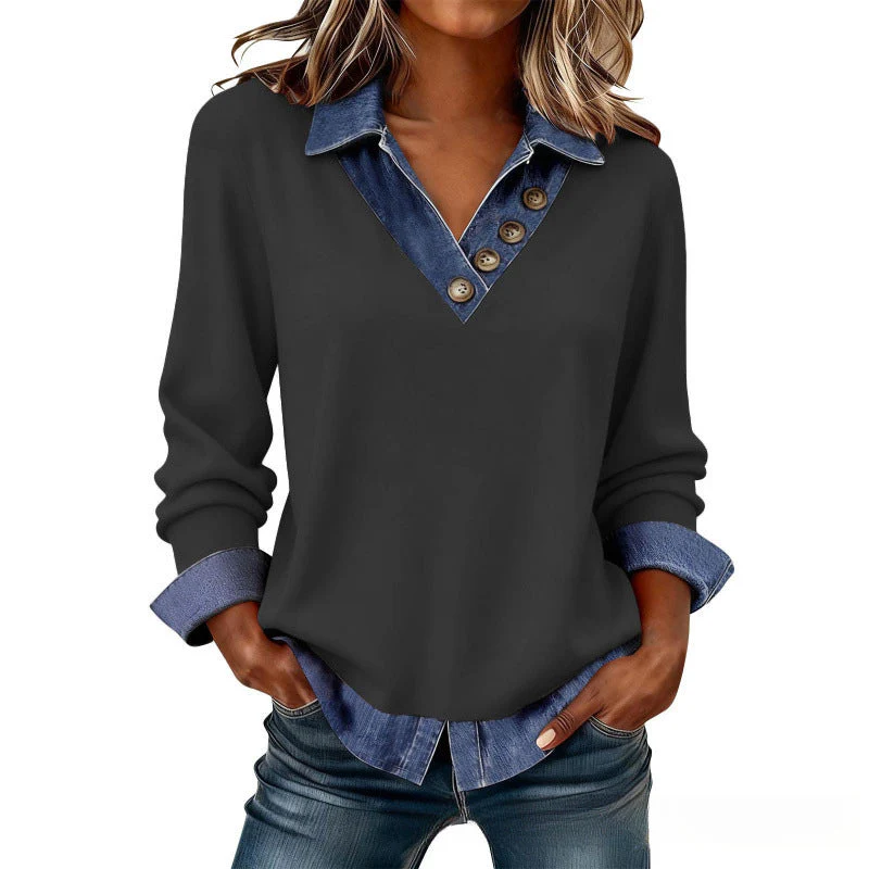 📢📢60 % de réduction !! ⏰Haut deux pièces pour femme en denim patchwork avec col en simili cuir - Image 12