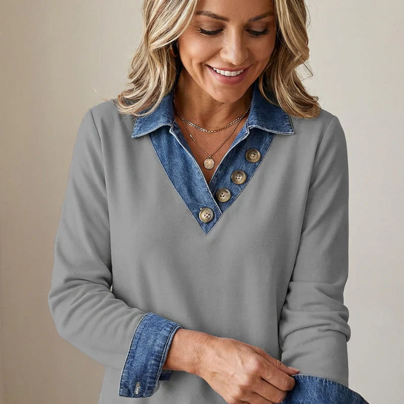 📢📢60 % de réduction !! ⏰Haut deux pièces pour femme en denim patchwork avec col en simili cuir - Image 3