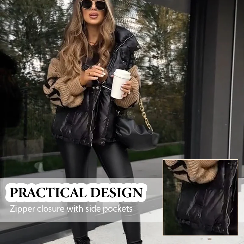 đ„PrĂ©-rĂ©chauffement hivernal - Remises Ă©normesđ„Blouson bouffant Ă capuche Ă manches en tricot patchwork pour femme - Image 3