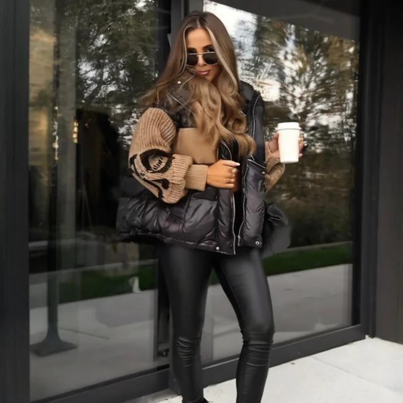 đ„PrĂ©-rĂ©chauffement hivernal - Remises Ă©normesđ„Blouson bouffant Ă capuche Ă manches en tricot patchwork pour femme - Image 7