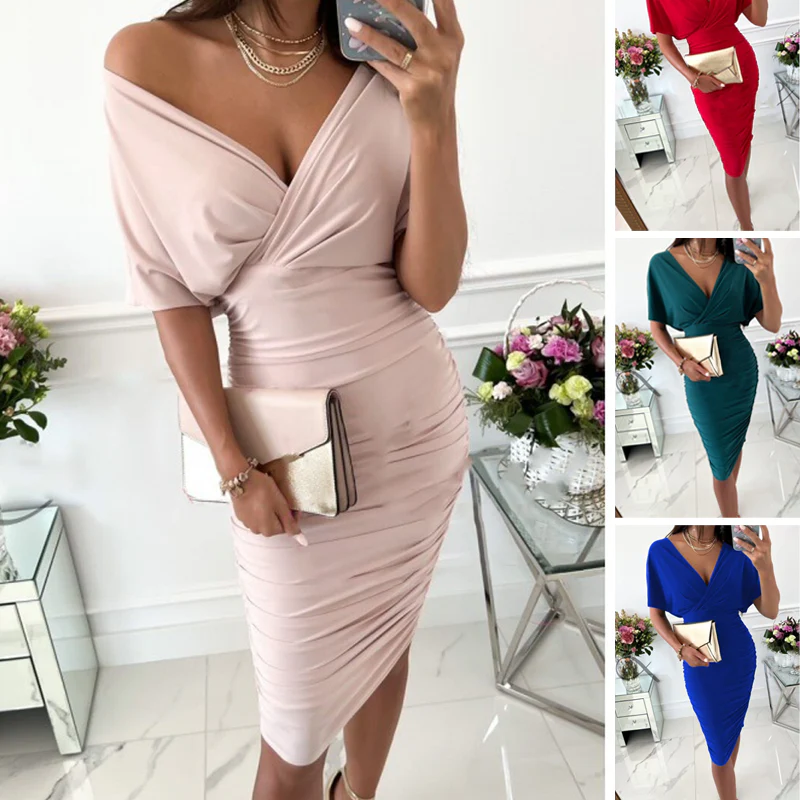 📢📢50 % de réduction !! ⏰Robe moulante sexy à col en V froncé pour femme