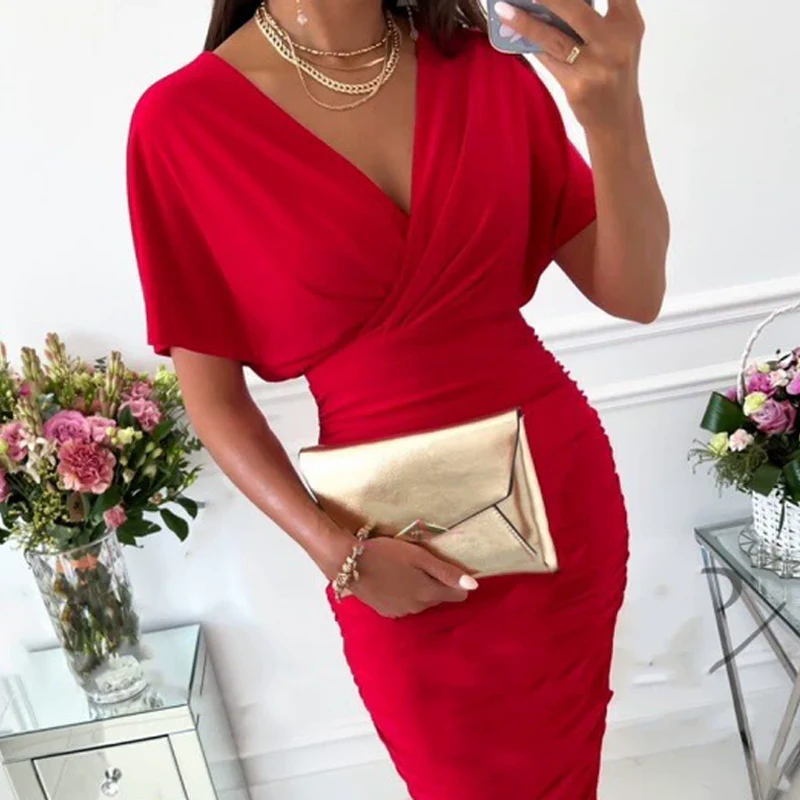 📢📢50 % de réduction !! ⏰Robe moulante sexy à col en V froncé pour femme - Image 2