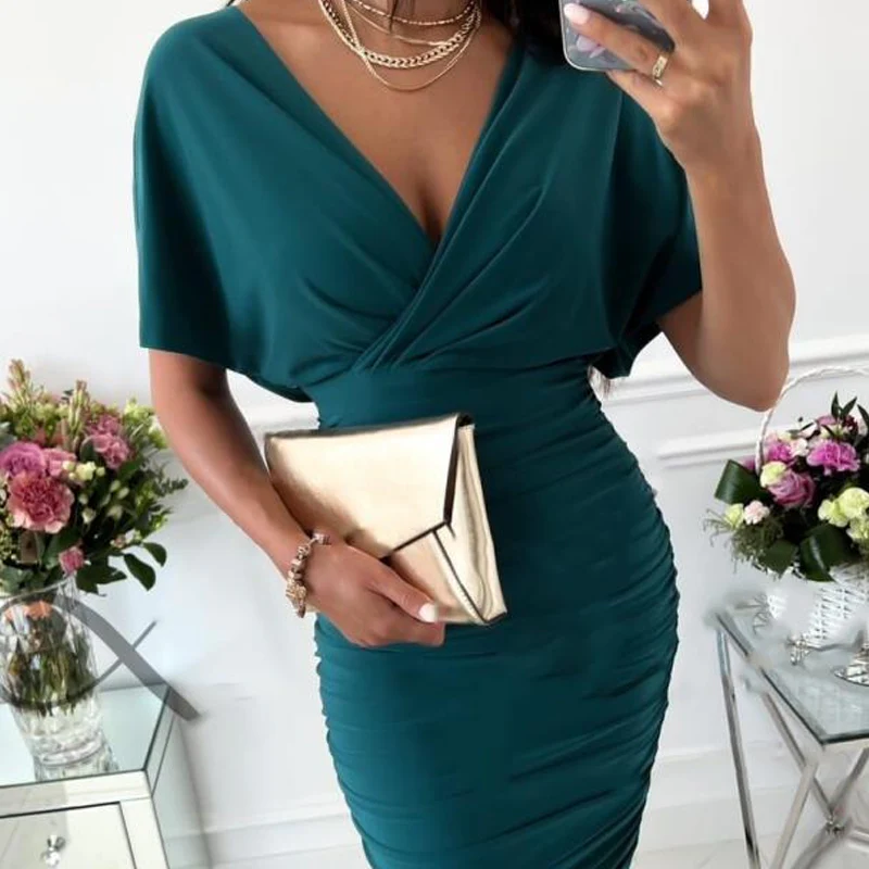 📢📢50 % de réduction !! ⏰Robe moulante sexy à col en V froncé pour femme - Image 3