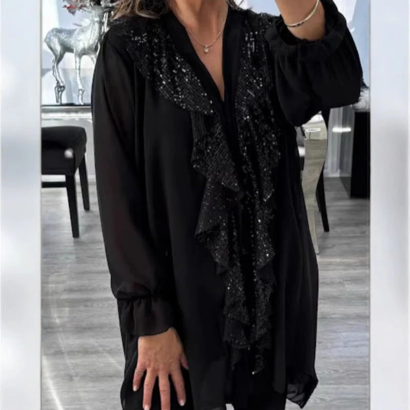 📢📢60 % de réduction !!!🎅Chemise à manches longues à col en V en mousseline et paillettes pour femmes - Image 2