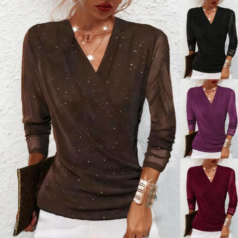 📢📢60 % DE RÉDUCTION !!! ✨Haut à manches longues et encolure en V croisée Sparkle pour femmes