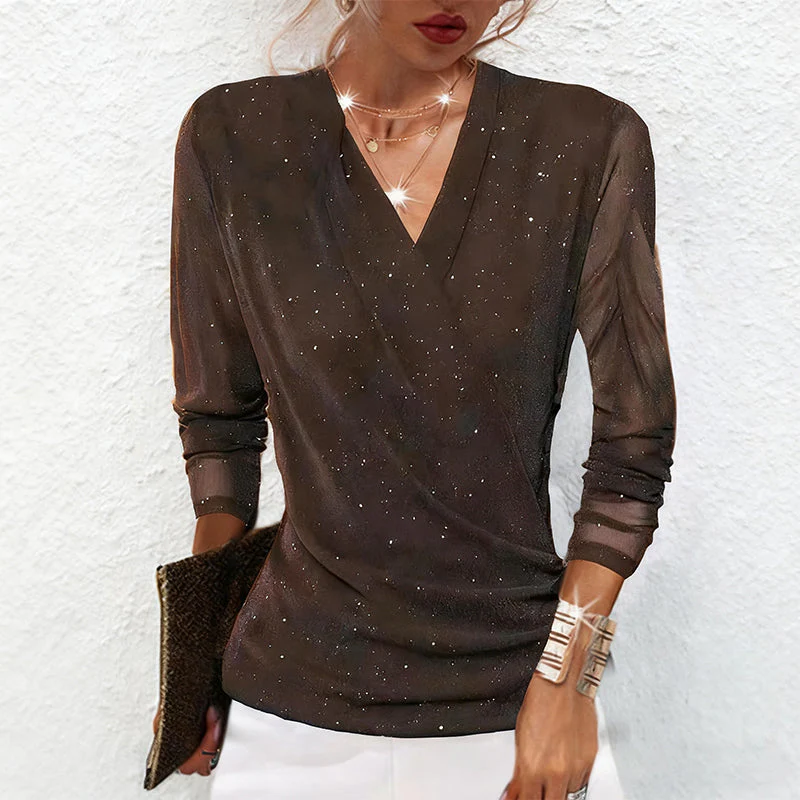📢📢60 % DE RÉDUCTION !!! ✨Haut à manches longues et encolure en V croisée Sparkle pour femmes - Image 2