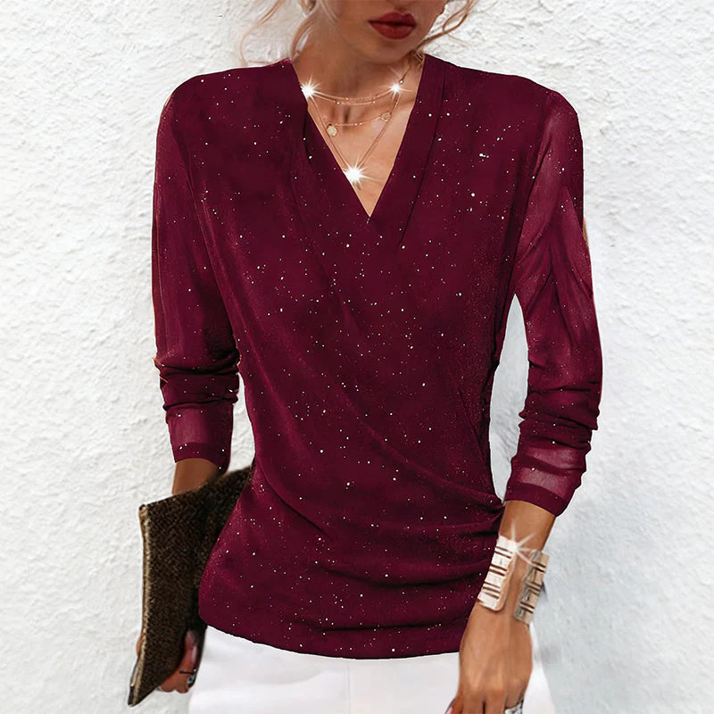 📢📢60 % DE RÉDUCTION !!! ✨Haut à manches longues et encolure en V croisée Sparkle pour femmes - Image 3