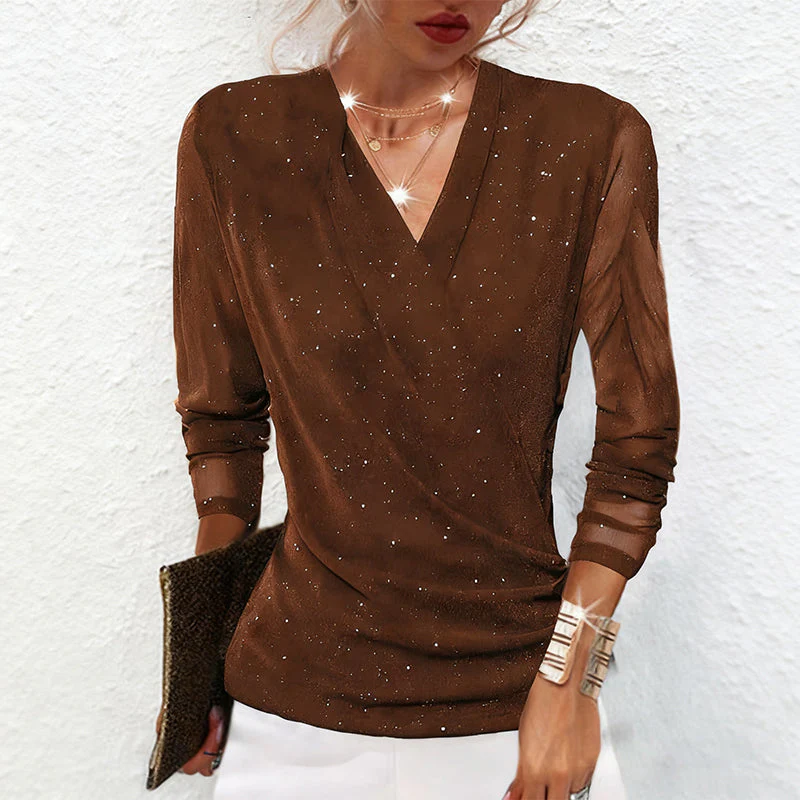 📢📢60 % DE RÉDUCTION !!! ✨Haut à manches longues et encolure en V croisée Sparkle pour femmes - Image 6